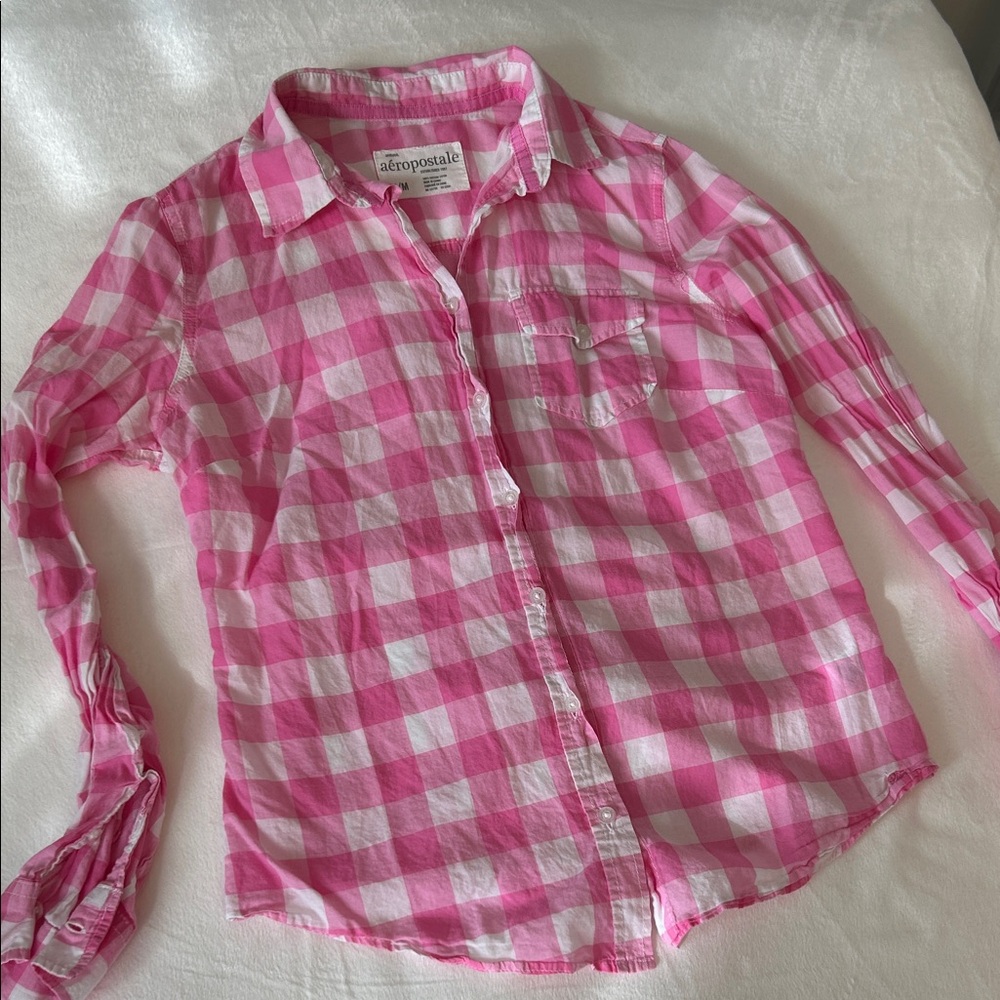 Aeropostale Pink & White ultra lightweight Gingham Button-Up Shirt M